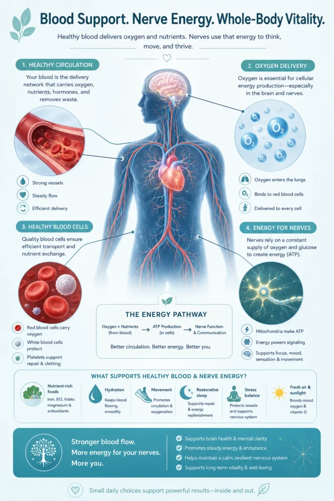 Blood Energy and Nerve Function Support Illustration showing circulation oxygen and energy connected with nerve support