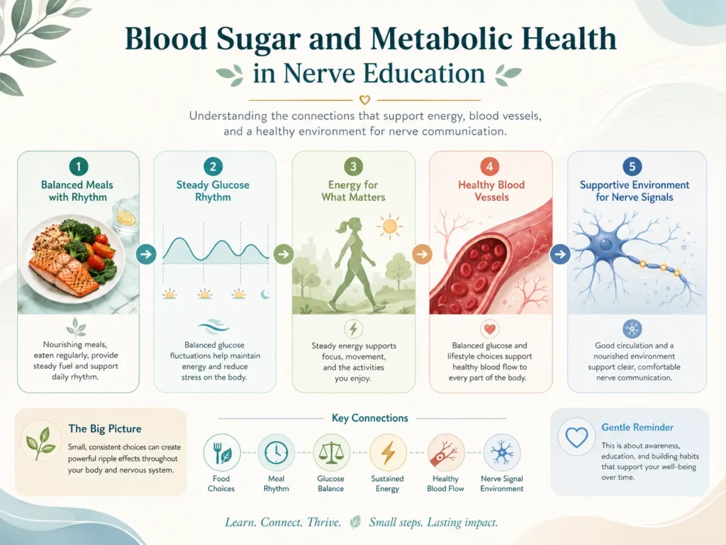 Blood Sugar and Metabolic Health in Nerve Education Blood sugar and metabolic health visual showing meal rhythm, glucose balance, energy, blood vessels, and nerve-health education.
