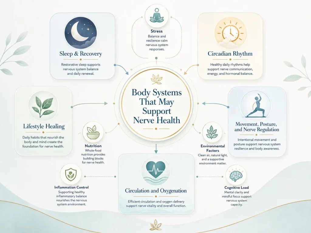Body Systems That Support Nerve Health Education Body systems that may support nerve health education, including sleep, circadian rhythm, lifestyle healing, movement, circulation, nutrition, and inflammation control