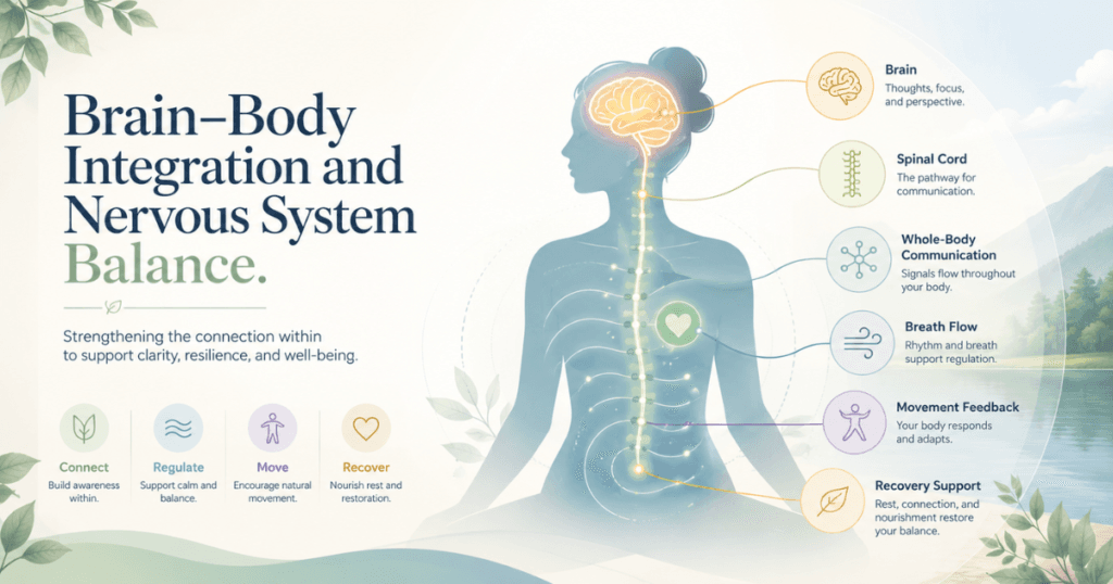 Calming educational illustration showing the brain and body connected by nervous system signals, movement feedback, stress regulation, and recovery pathways.