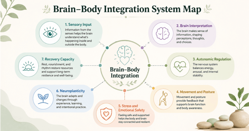 System map with Brain–Body Integration in the center connected to sensory input, brain interpretation, autonomic regulation, movement, stress response, neuroplasticity, and recovery capacity.