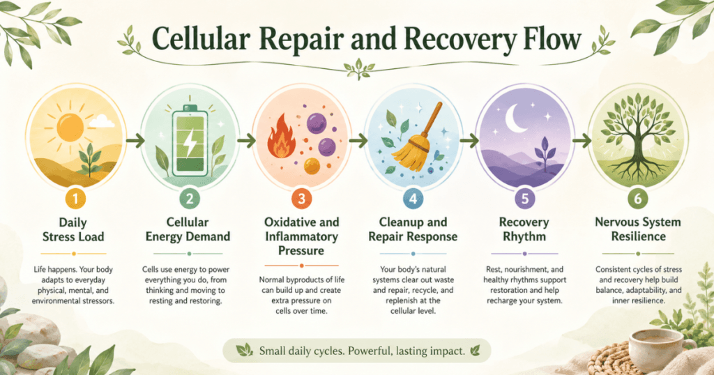 Cellular repair flow from daily stress load to energy demand, cleanup response, recovery rhythm, and nervous system resilience