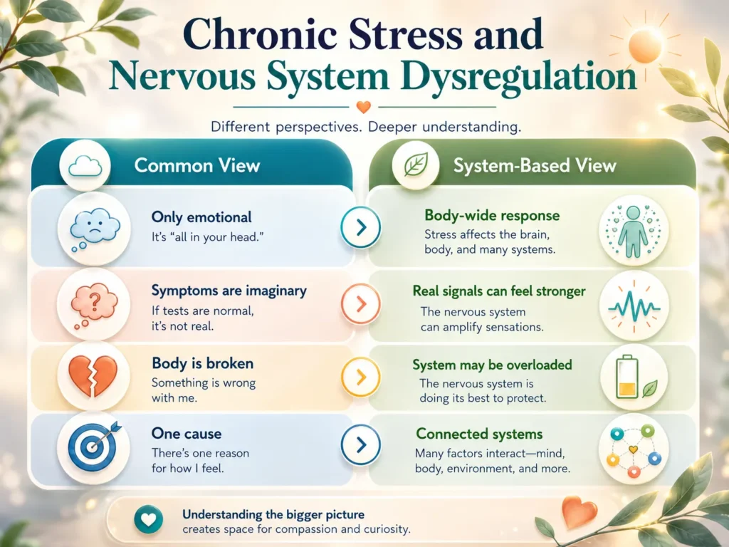 Comparison infographic showing common misunderstandings about chronic stress and nervous system dysregulation with better system-based explanations