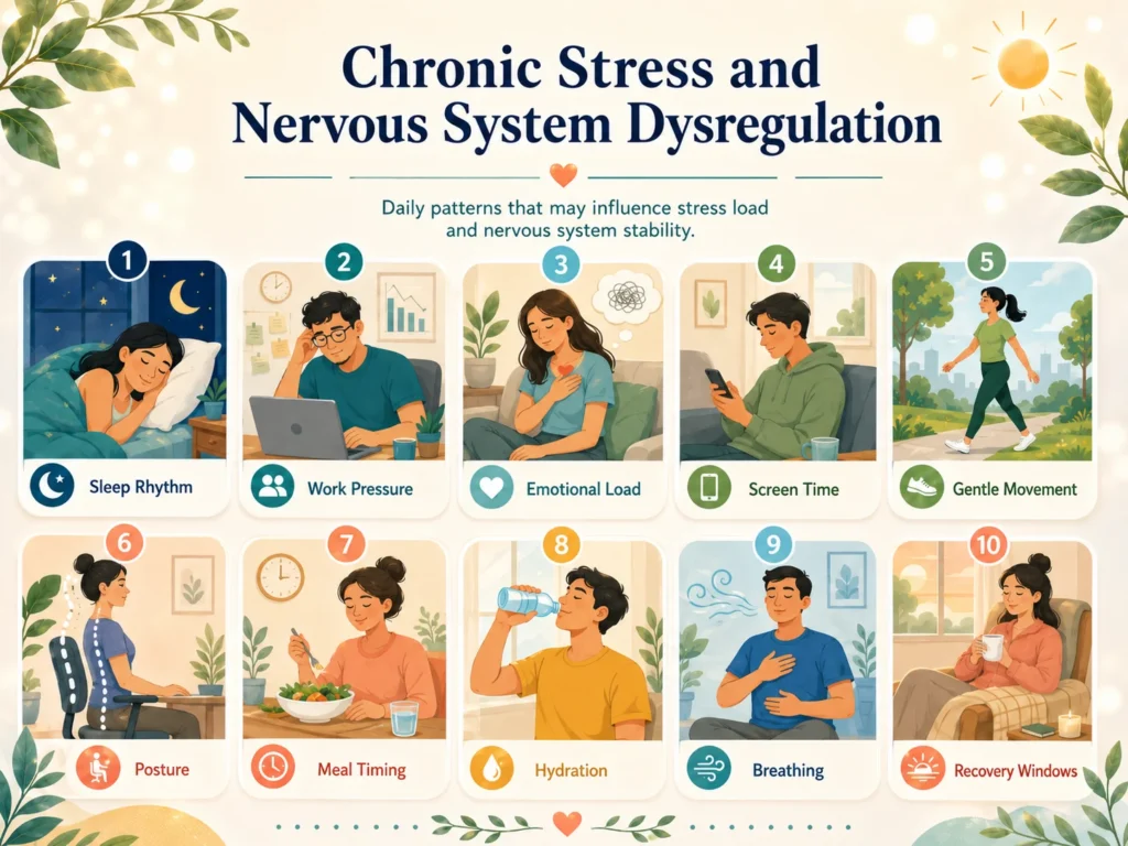 Daily patterns that may influence chronic stress and nervous system dysregulation including sleep, work pressure, posture, meals, movement, and recovery time