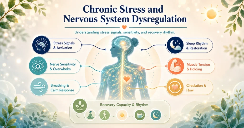 Chronic Stress and Nervous System Dysregulation educational illustration showing stress signals, nervous system activation, sleep rhythm, and recovery capacity
