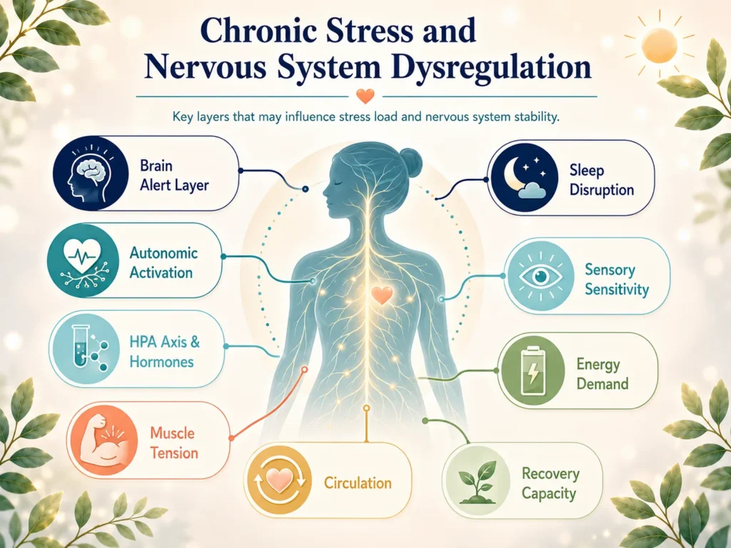 Chronic stress and nervous system dysregulation map showing brain alertness, autonomic activation, hormone signals, sleep disruption, muscle tension, and nerve sensitivity