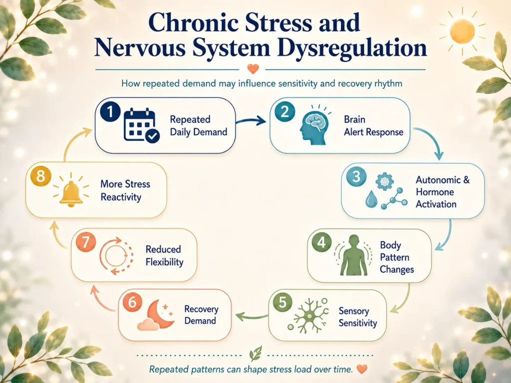Chronic Stress and Nervous System Dysregulation visual flow from daily demand to alert response, activation, sensitivity, and recovery demand