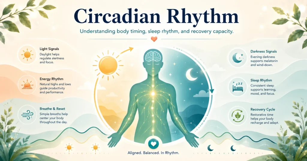 Circadian Rhythm and Body Timing Circadian Rhythm educational illustration showing sleep rhythm, light exposure, nervous system stability, energy rhythm, and recovery capacity
