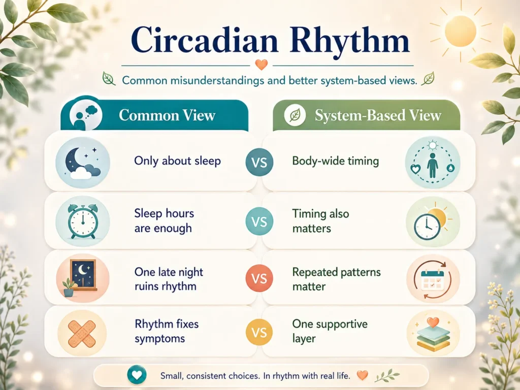Common Misunderstandings About Circadian Rhythm Comparison infographic showing common misunderstandings about Circadian Rhythm with better system-based explanations