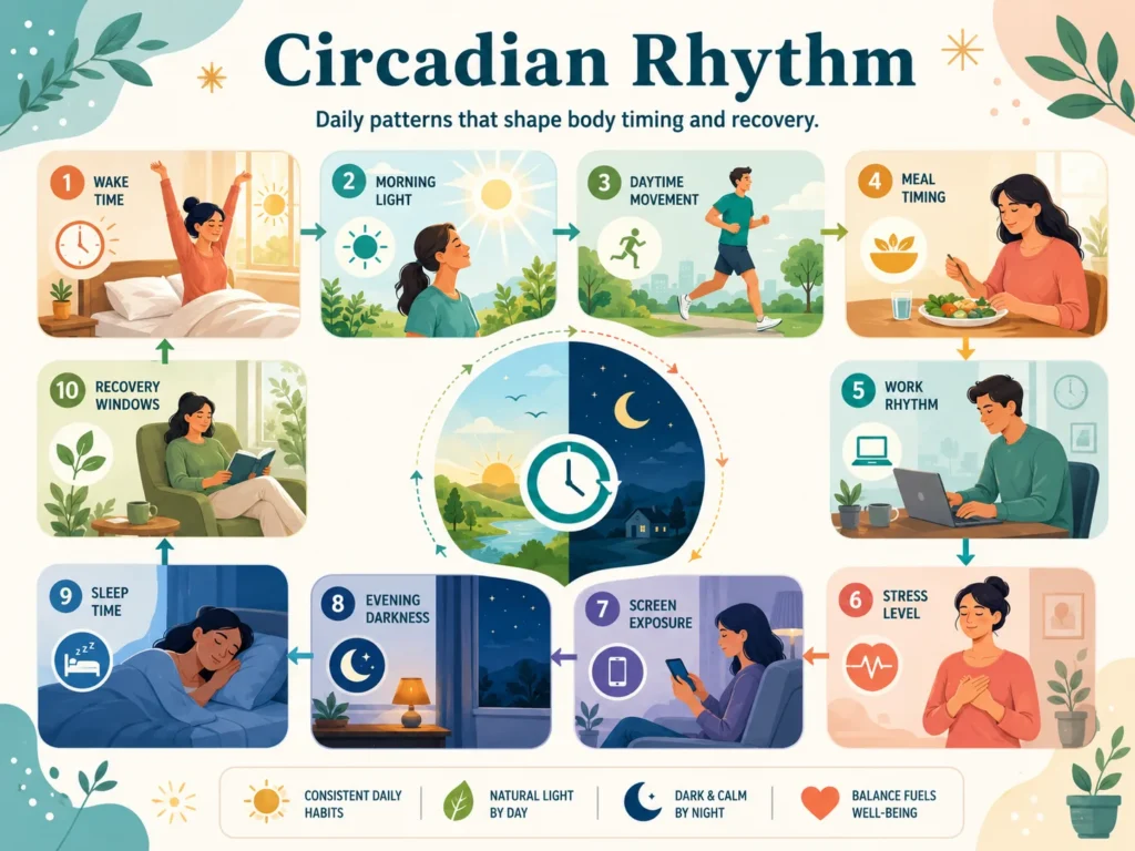 Daily Patterns That Influence Circadian Rhythm Daily patterns that may influence Circadian Rhythm including sleep time, wake time, morning light, evening routine, meals, movement, and screen exposure