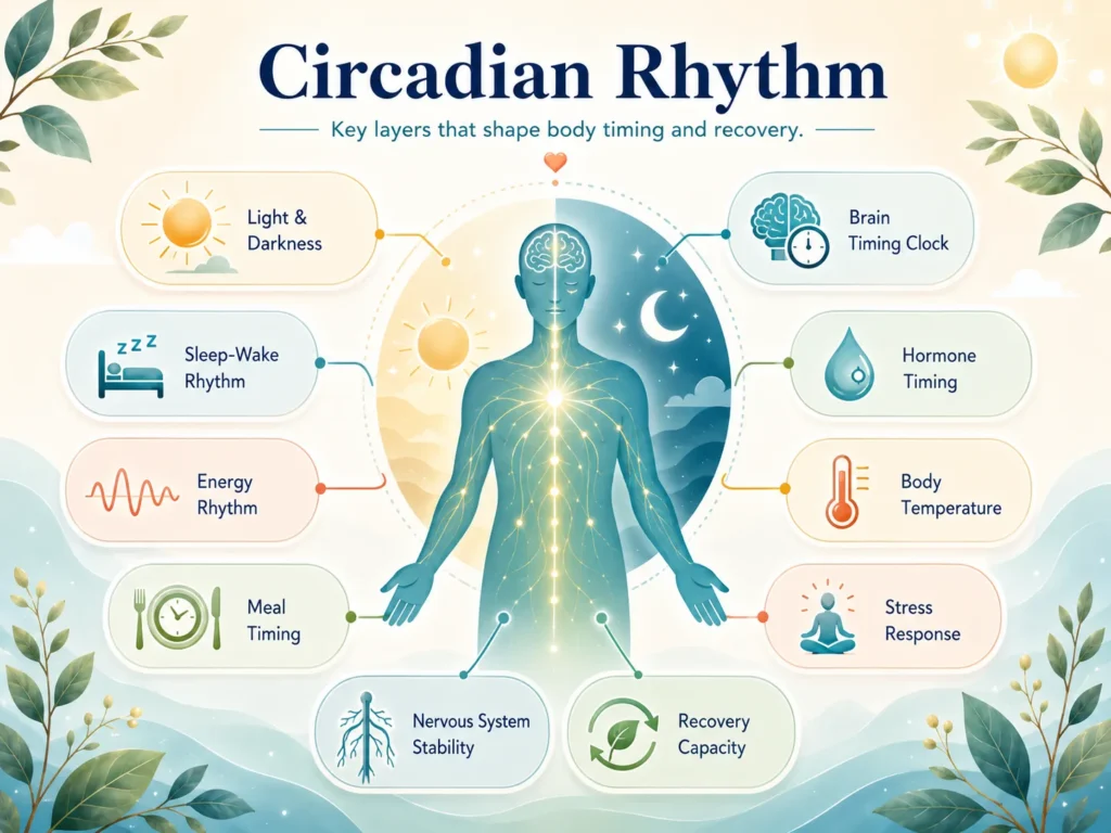 Circadian Rhythm System Map Circadian Rhythm system map showing light signals, sleep-wake timing, hormone rhythm, energy rhythm, digestion, nervous system stability, and recovery capacity