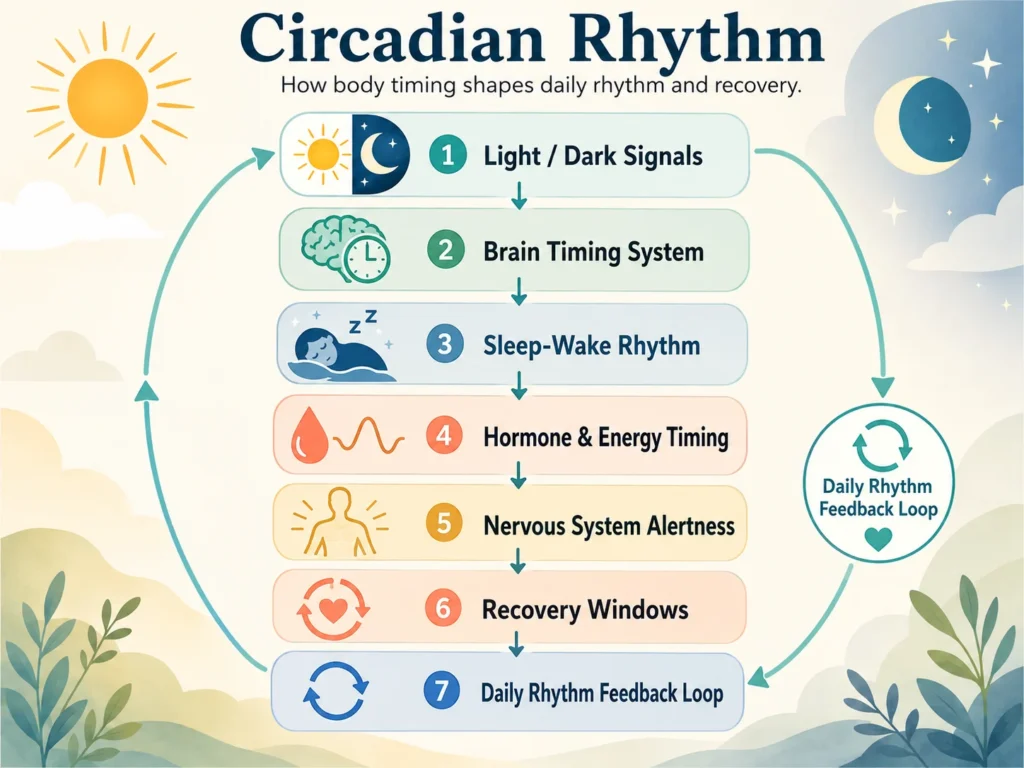 Circadian Rhythm Visual Flow Circadian Rhythm visual flow from light and dark signals to brain timing, sleep-wake rhythm, energy timing, nervous system stability, and recovery capacity