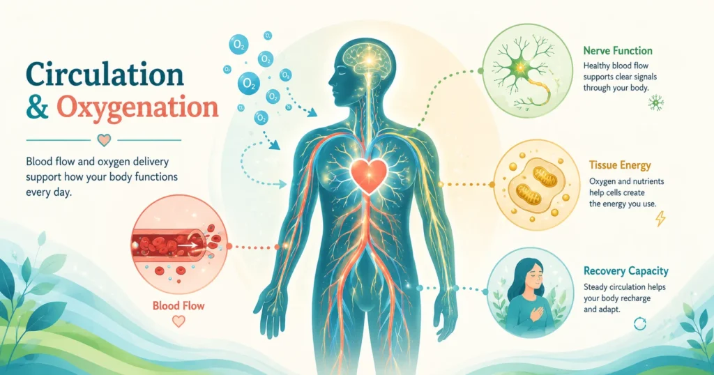 Circulation and Oxygenation for Nerve Health Circulation and Oxygenation educational illustration showing blood flow, oxygen delivery, and nerve health support systems.
