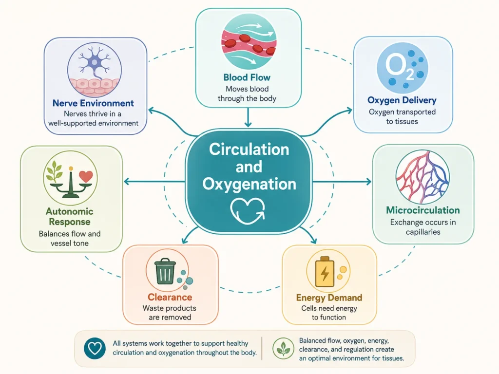 Circulation and Oxygenation System Map System map of Circulation and Oxygenation showing blood flow, oxygen delivery, microcirculation, energy, clearance, and nerve environment.