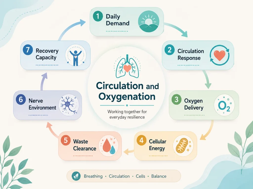 Circulation and Oxygenation Visual Flow Circulation and Oxygenation visual flow showing daily demand, oxygen delivery, cellular energy, clearance, nerve sensitivity, and recovery capacity.