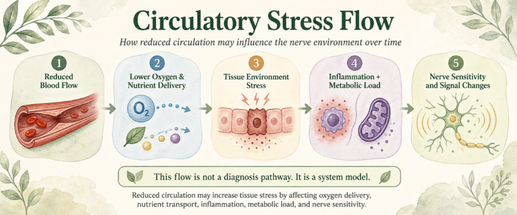 Flow diagram showing reduced blood flow leading to lower oxygen and nutrient delivery, tissue environment stress, inflammation and metabolic load, and nerve sensitivity with signal changes.