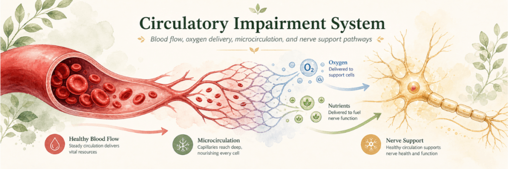 Circulatory Impairment System infographic showing circulation, oxygen transport, microcirculation, and supportive pathways for nerve health