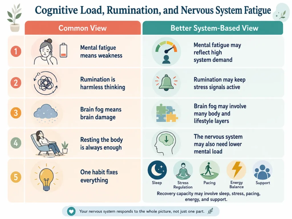 Misunderstandings, cognitive load, rumination, nervous system fatigue, system-based view Common misunderstandings about Cognitive Load, Rumination, and Nervous System Fatigue compared with safer system-based views.