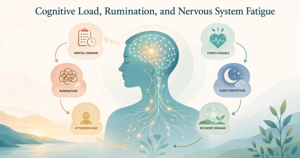 Cognitive Load, Rumination, and Nervous System Fatigue Cognitive Load, Rumination, and Nervous System Fatigue educational illustration showing mental demand, repeated thinking, stress signals, and recovery capacity.
