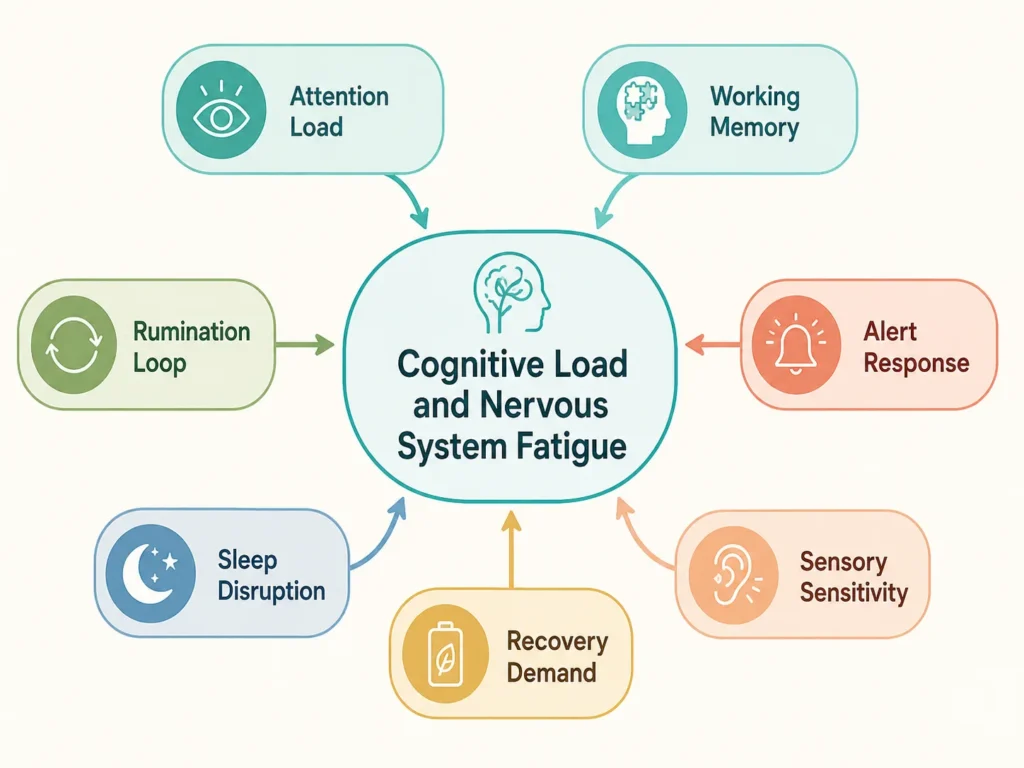 Cognitive Load and Nervous System Fatigue System Map System map of Cognitive Load, Rumination, and Nervous System Fatigue showing attention load, rumination, alert response, sleep disruption, and recovery demand.