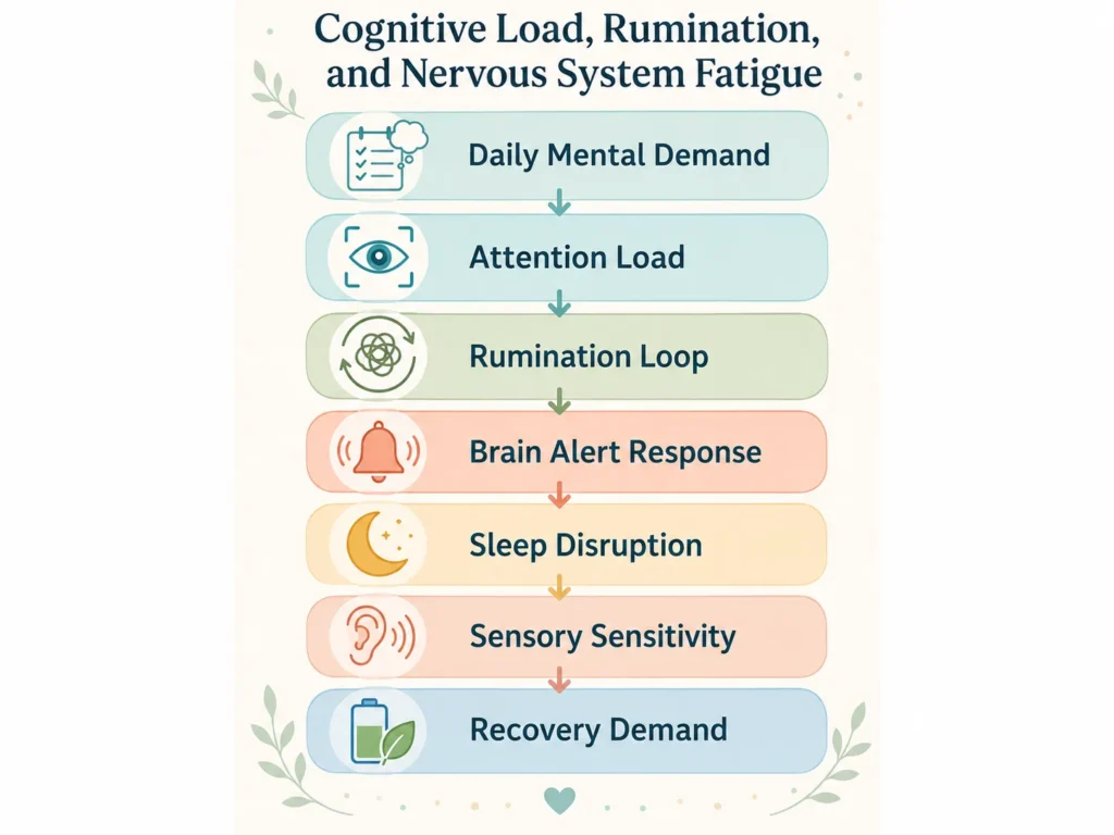 Cognitive Load, Rumination, and Nervous System Fatigue Visual Flow Cognitive Load, Rumination, and Nervous System Fatigue visual flow showing daily mental demand, rumination, alert response, sleep disruption, and recovery demand.