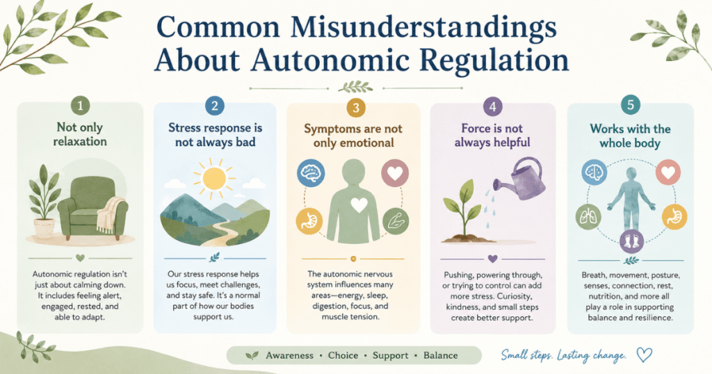 Educational infographic titled “Common Misunderstandings About Autonomic Regulation” featuring five wellness-themed sections with soft natural colors, simple icons, and supportive explanations about stress response, emotional symptoms, relaxation, body connection, and gentle support strategies.