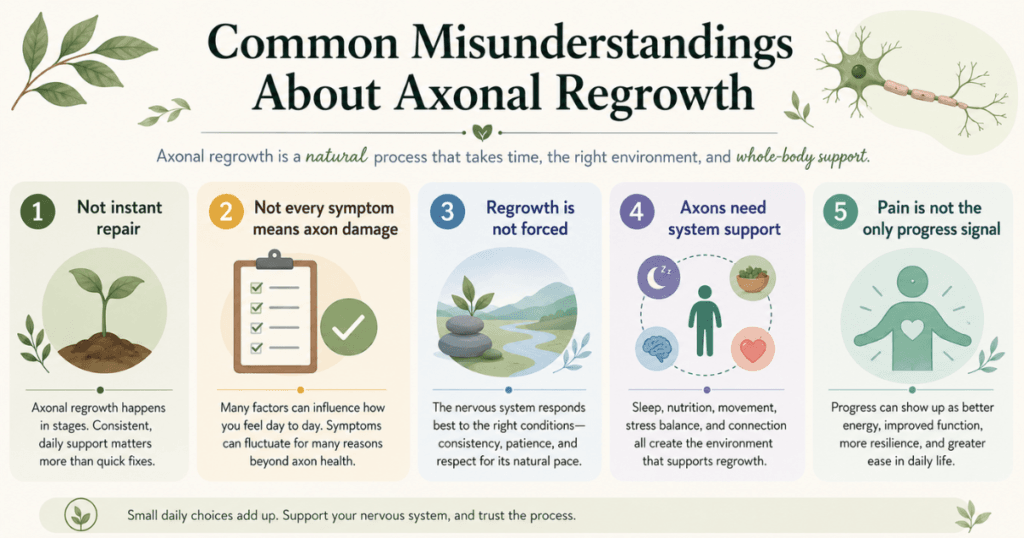 Common misunderstandings about axonal regrowth including instant repair, symptoms, forced regrowth, system support, and pain signals