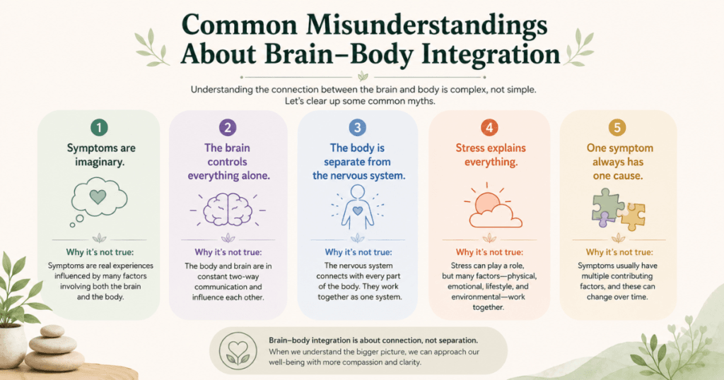 Educational infographic with five common misunderstandings about brain–body integration, including symptoms are imaginary, the brain controls everything alone, stress explains everything, and one symptom always has one cause.