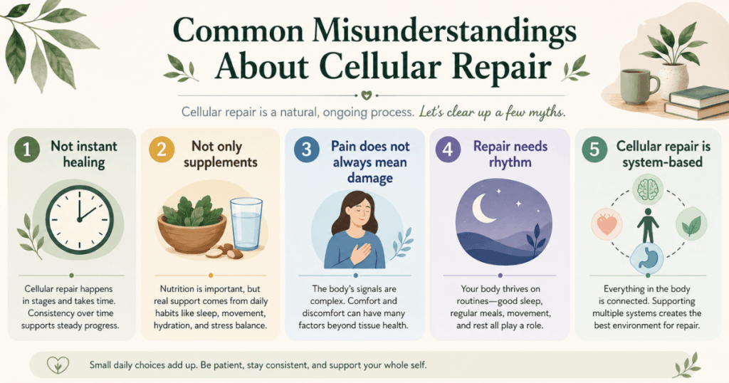 Common misunderstandings about cellular repair including instant healing, supplements, pain, rhythm, and system-based repair