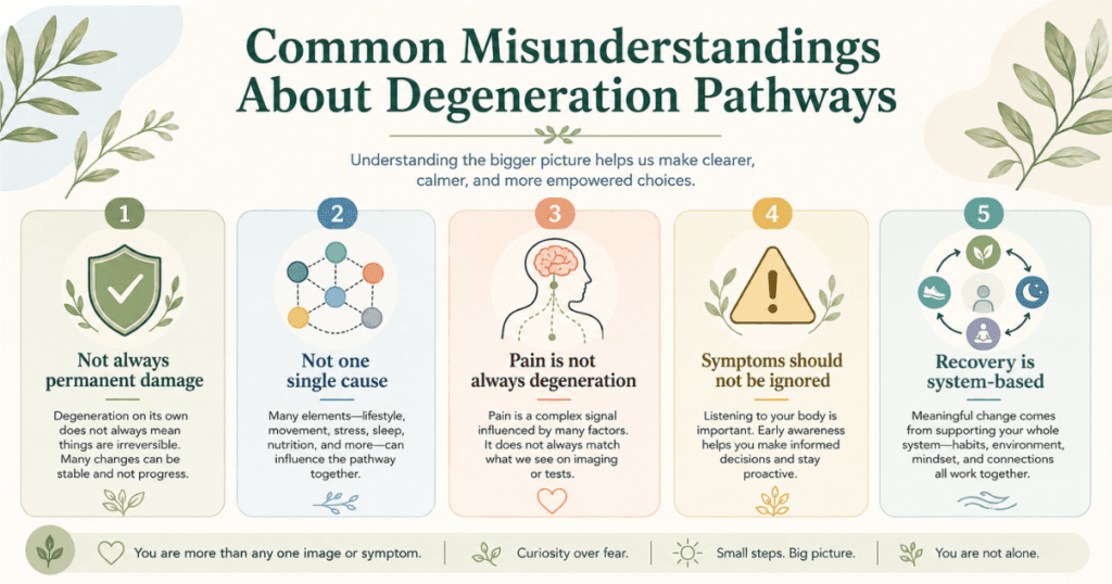 common-misunderstandings-about-degeneration-pathways. Infographic showing common misunderstandings about Degeneration Pathways, including that degeneration is not always permanent damage, not one single cause, and pain does not always mean degeneration.