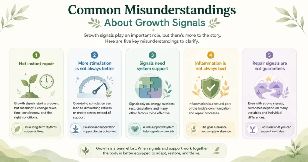 Common misunderstandings about growth signals including instant repair, stimulation, system support, inflammation, and repair guarantees