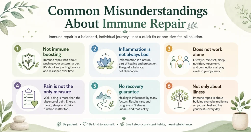 Common Misunderstandings About Immune Repair Infographic showing common misunderstandings about Immune Repair, including immune boosting, inflammation, isolated immune response, pain meaning, recovery guarantees, and illness-only thinking.