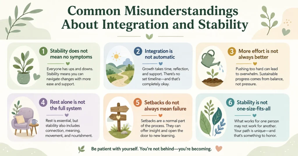 Infographic showing common misunderstandings about Integration and Stability, including no symptoms, automatic integration, more effort, rest alone, setbacks, and one-size-fits-all stability.