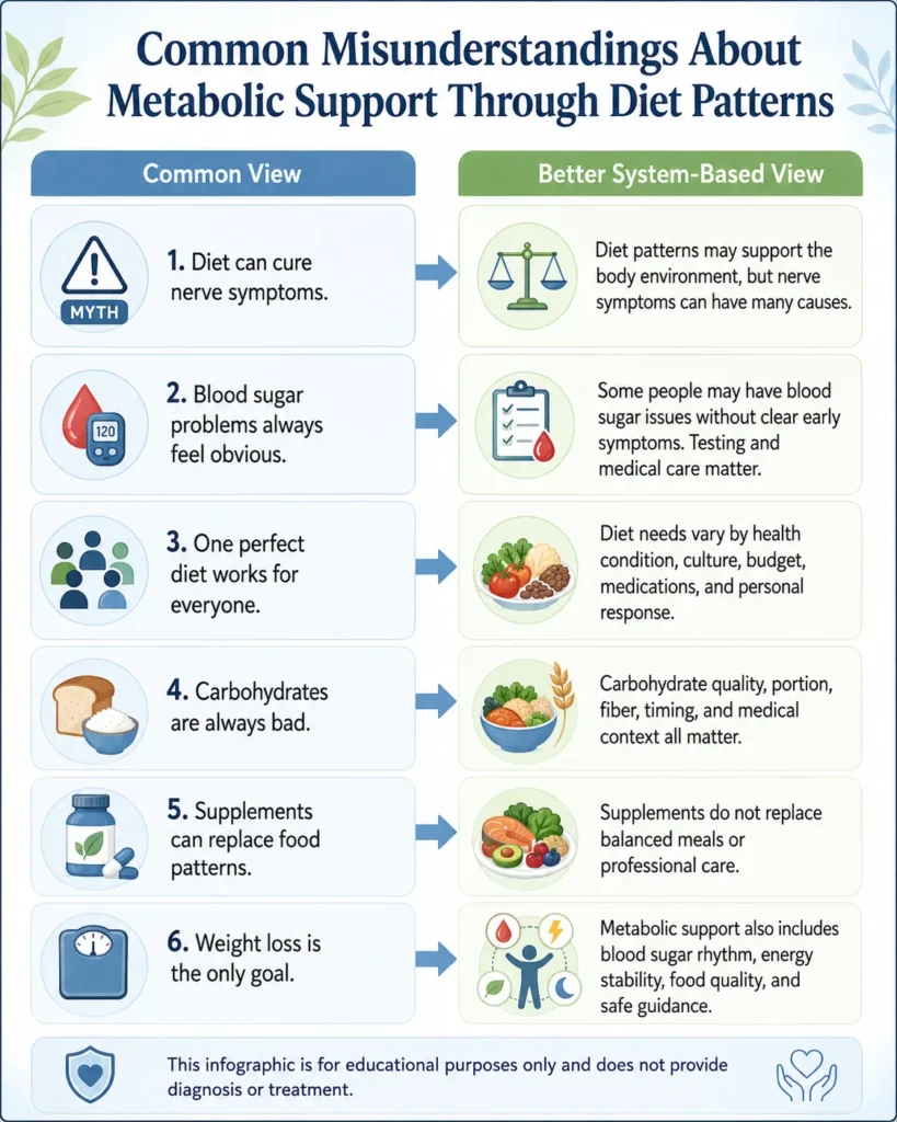 Educational infographic showing common misunderstandings about Metabolic Support Through Diet Patterns and better system-based views about diet, blood sugar, supplements, and recovery.