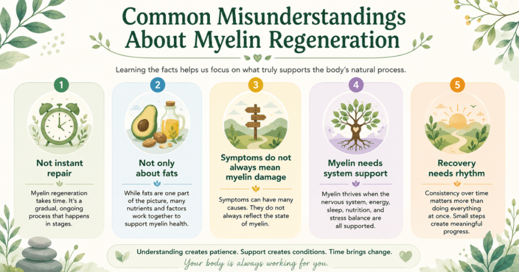 common-misunderstandings-about-myelin-regeneration. Common misunderstandings about myelin regeneration including instant repair, fats, symptoms, system support, and recovery rhythm