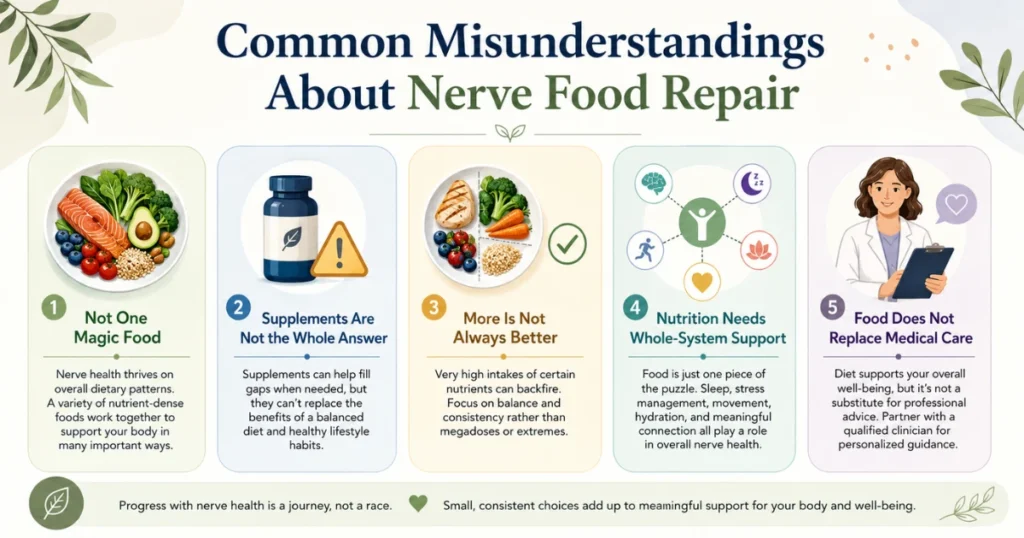Common misunderstandings about nerve food repair including magic foods, supplements, nutrient balance, whole-system support, and medical care