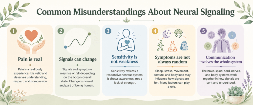 Common misunderstandings about neural signaling explained with calm educational icons and simple labels.