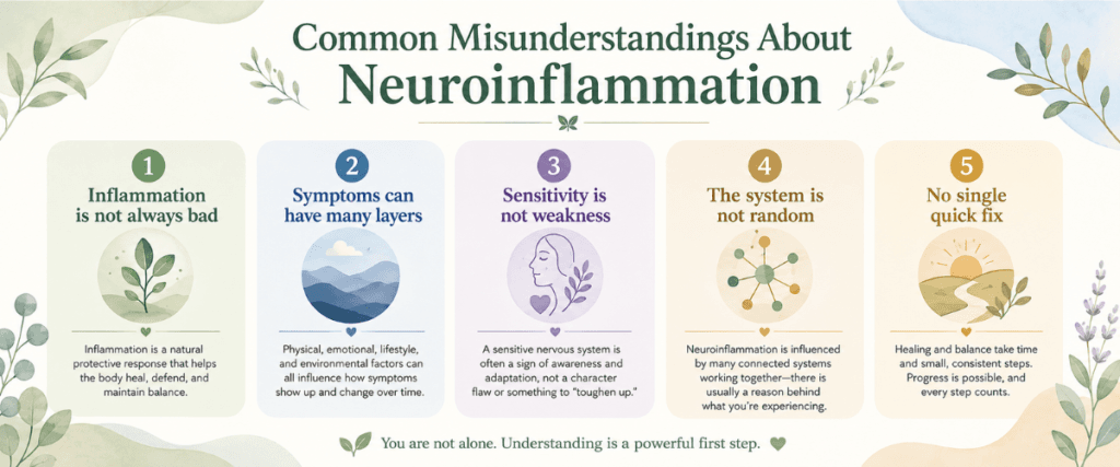 Common misunderstandings about the Myelin System explained with calm educational icons and simple labels.