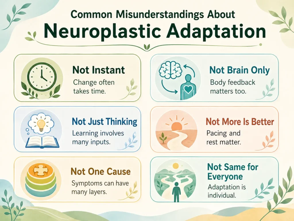 Common Misunderstandings About Neuroplastic Adaptation Educational infographic showing common misunderstandings about Neuroplastic Adaptation using calm icons, rounded cards, and simple labels.