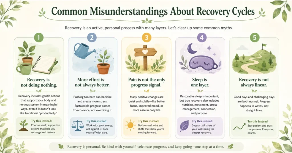 Common misunderstandings about recovery cycles including rest, effort, pain signals, sleep, and non-linear recovery