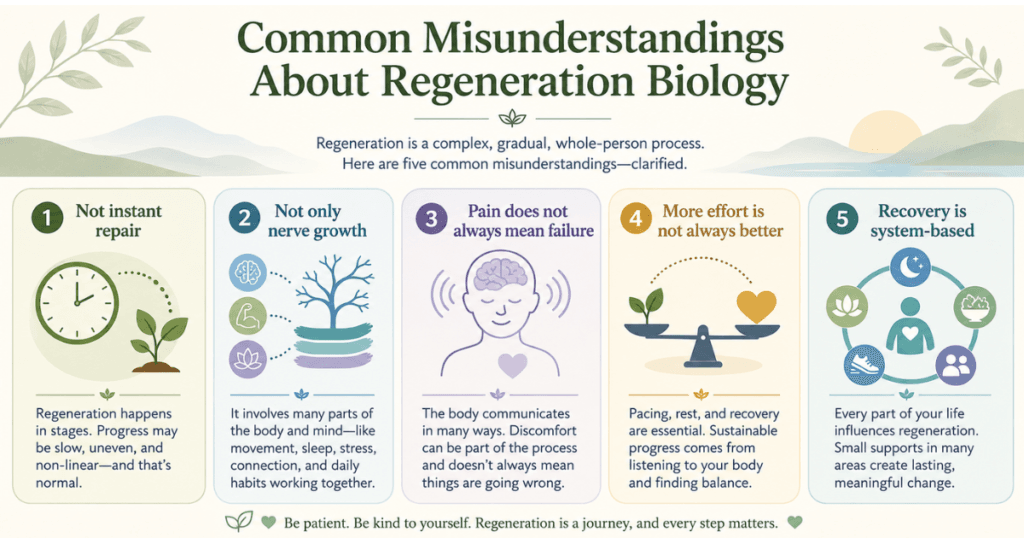 common-misunderstandings-about-regeneration-biology. Infographic showing common misunderstandings about Regeneration Biology, including that repair is not instant, not only nerve growth, and not controlled by one method.