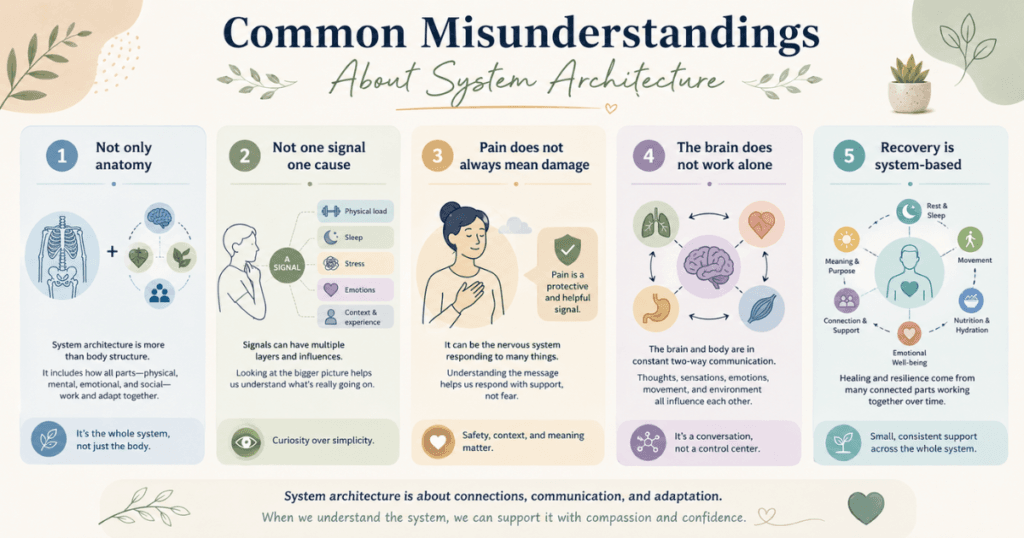 common-misunderstandings-about-system-architecture. Educational infographic listing common misunderstandings about System Architecture, including anatomy only, one signal one cause, pain always means damage, brain controls everything alone, and recovery is only repair.
