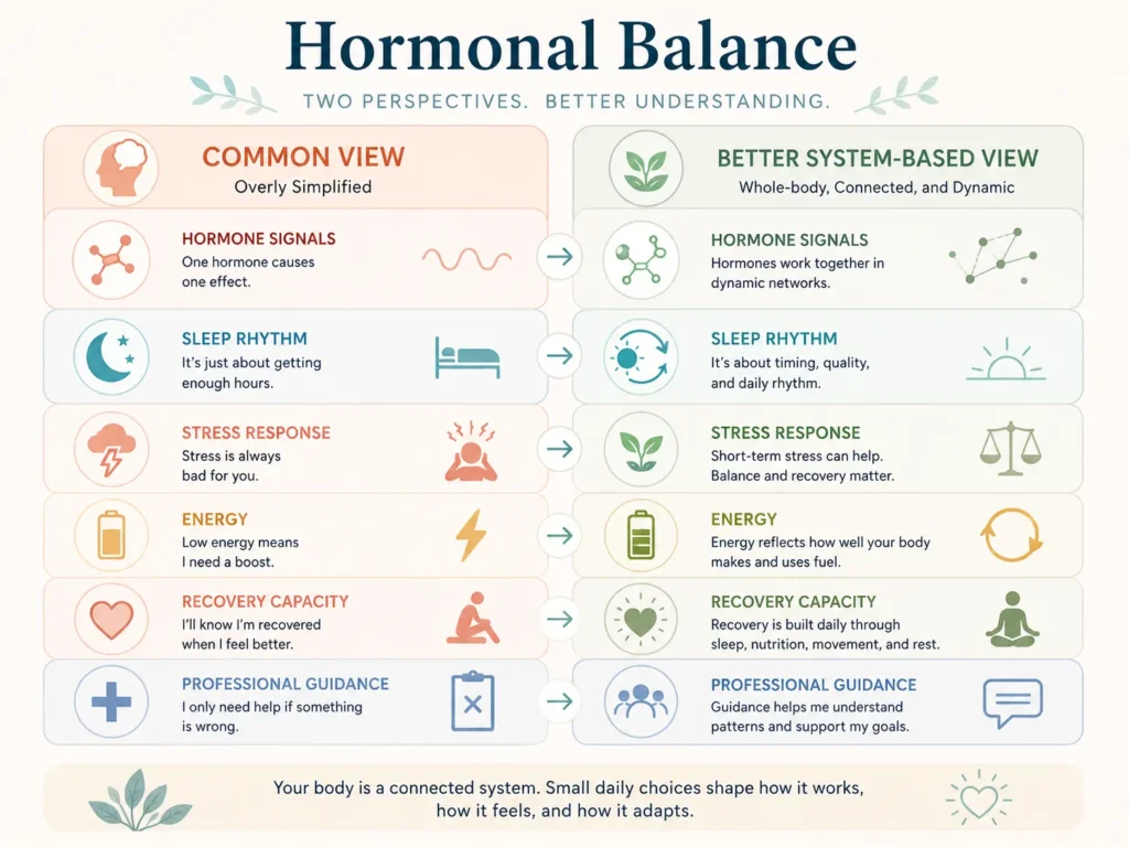 Hormonal Balance comparison table showing common views and better system-based views about hormones, symptoms, stress, supplements, and recovery capacity.