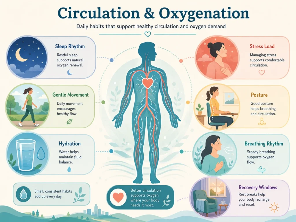 Daily Patterns That Influence Circulation and Oxygenation Daily patterns that may influence Circulation and Oxygenation including sleep rhythm, movement, stress load, hydration, and recovery windows.