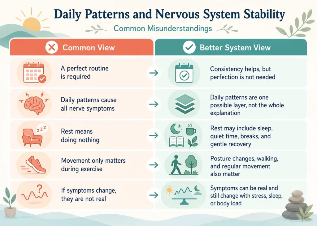 Common Misunderstandings About Daily Patterns and Nervous System Stability Common misunderstandings about daily patterns and nervous system stability shown with safer system-based explanations.