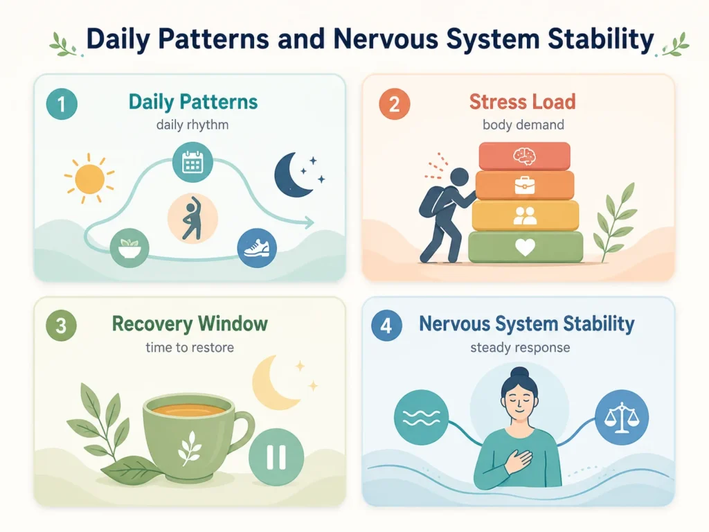 Plain Meaning of Daily Patterns and Nervous System Stability Simple glossary-style visual explaining daily patterns, recovery windows, stress load, and nervous system stability.
