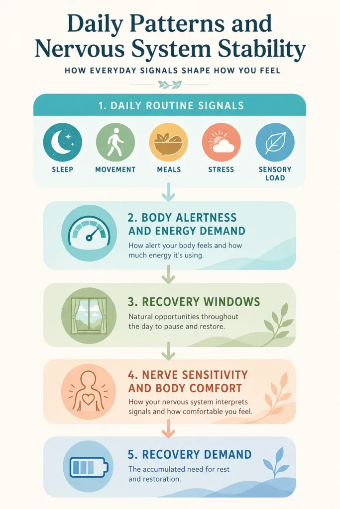 Daily Patterns and Nervous System Stability Visual Flow Daily Patterns and Nervous System Stability visual flow showing routine signals, body alertness, recovery windows, nerve sensitivity, and recovery demand.