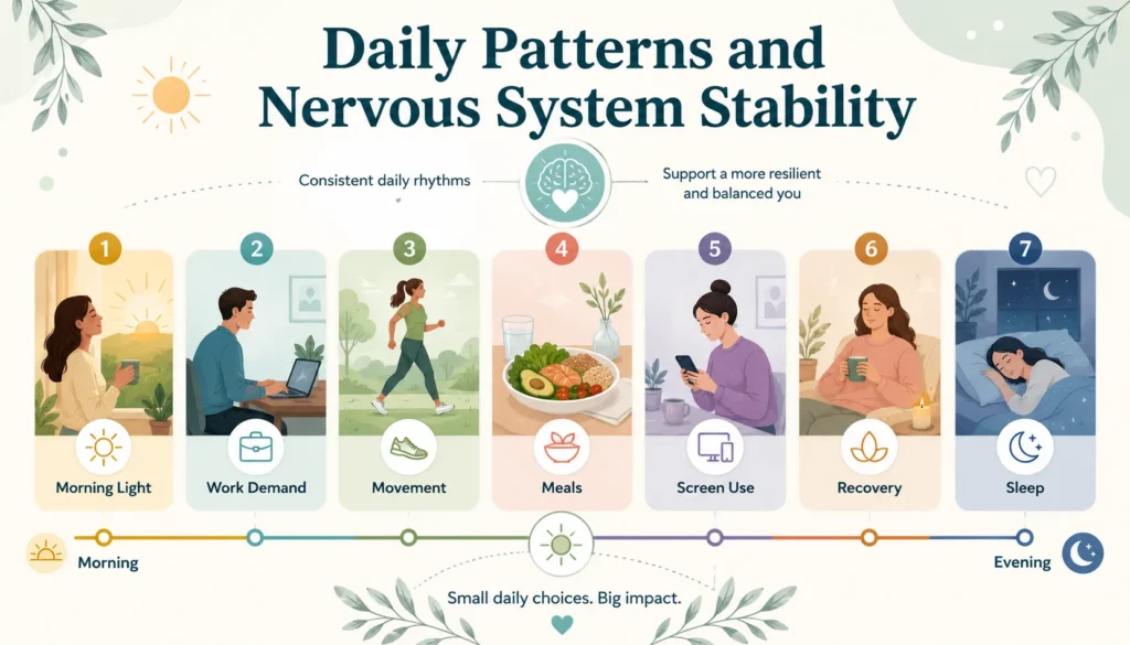 Daily Patterns and Nervous System Stability Hero Daily Patterns and Nervous System Stability shown as a calm daily rhythm with sleep, movement, meals, stress, and recovery signals.