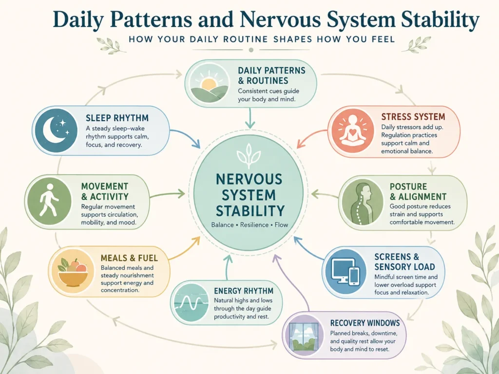 Daily Patterns and Nervous System Stability System Map System map showing how daily patterns may connect with sleep rhythm, stress load, movement, circulation, energy, and nervous system stability.