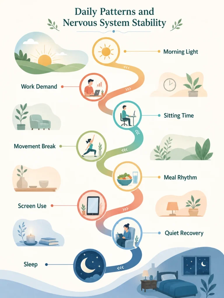 Daily Routine Signals and Nervous System Load Daily routine example showing morning rhythm, work load, movement breaks, meals, screen use, and evening recovery.